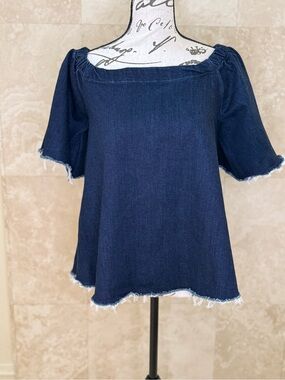 Parker Smith S Denim Off Shoulder Top Raw Hem Puff Sleeve Square Neck Blouse